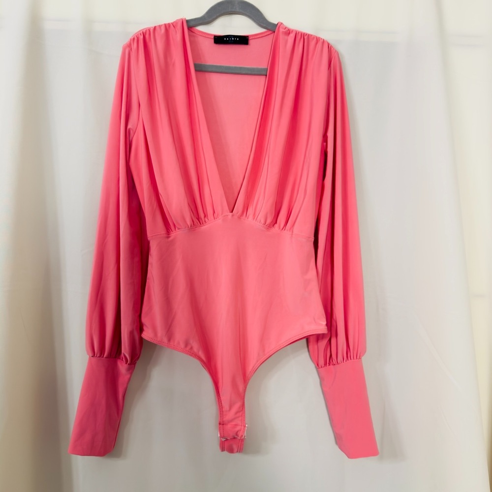2 Saints Size Small Coral Pink Plunge Bodysuit Long Sleeve Y2K Going Out Chic